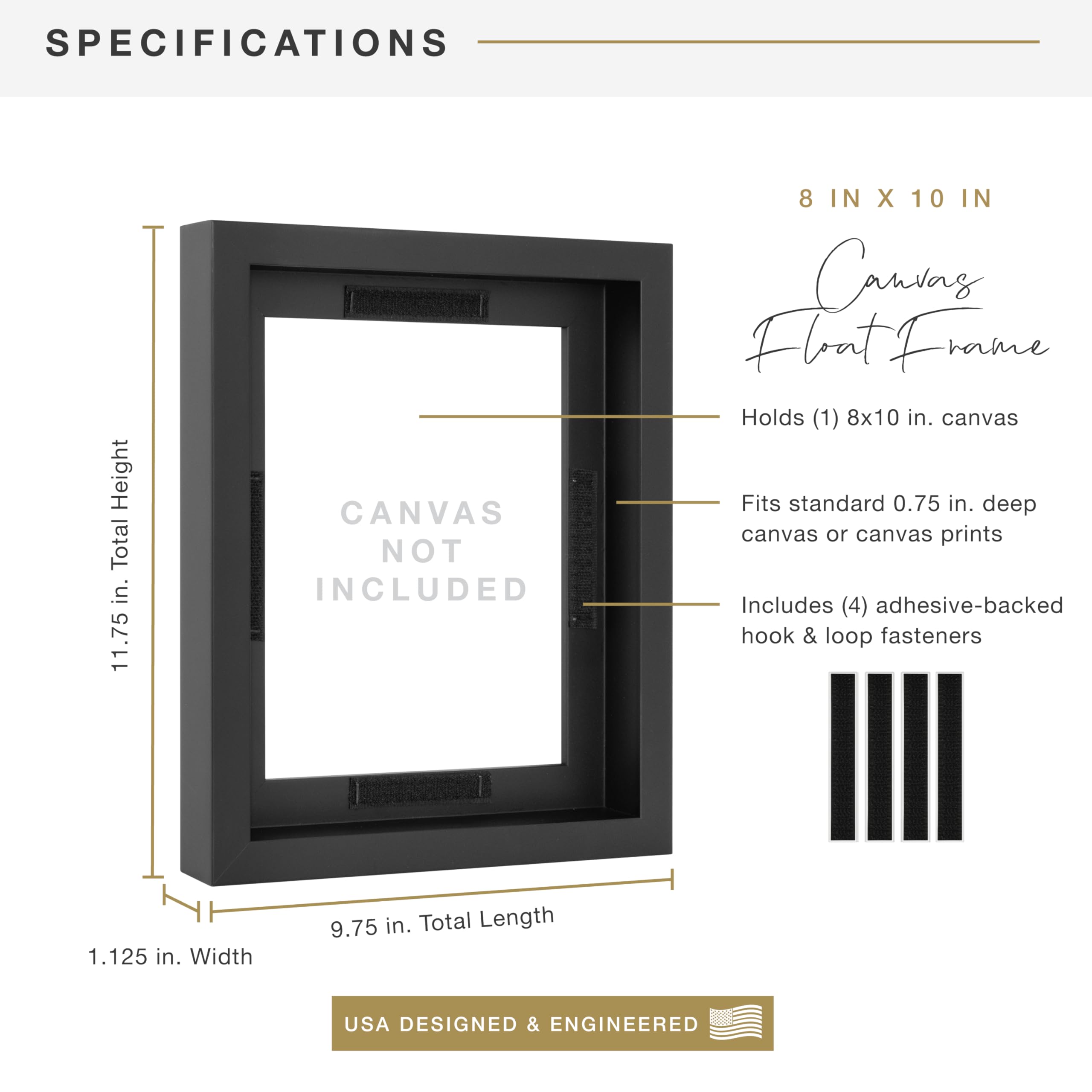MCS Canvas Float Frames 8x10 Frame, Black Frame for Finished Canvases, Vertical & Horizontal Wall Hanging Frame with Adhesive for Canvas Paintings (1-Pack)