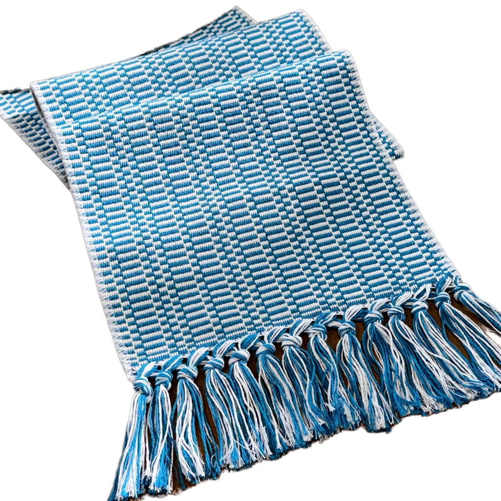 White Teal Blue Farmhouse Woven Table Runner 72 Inch Retail $29.00