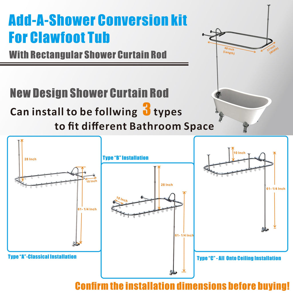 Clawfoot Tub Add-On Shower Kit with Faucet  48x27in Rectangular Rod - Chrome Plated