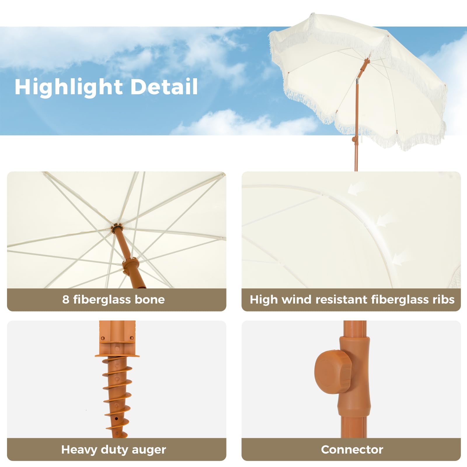ft Portable Outdoor Patio Beach Umbrella with Fringe Sand Anchor Tilt UPF 50 White