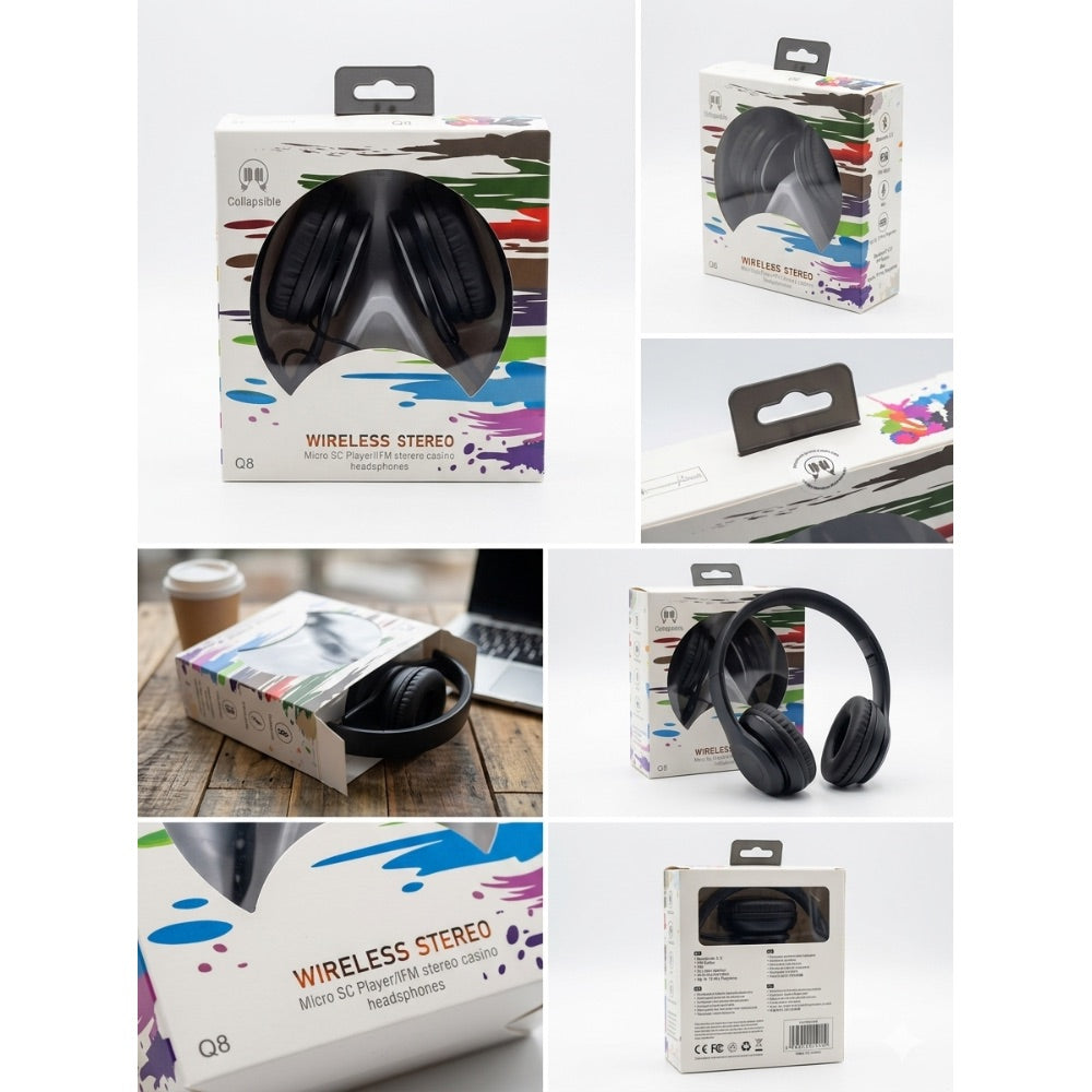 New Q8 Wireless Stereo Micro SD FM Radio Collapsible Headphones