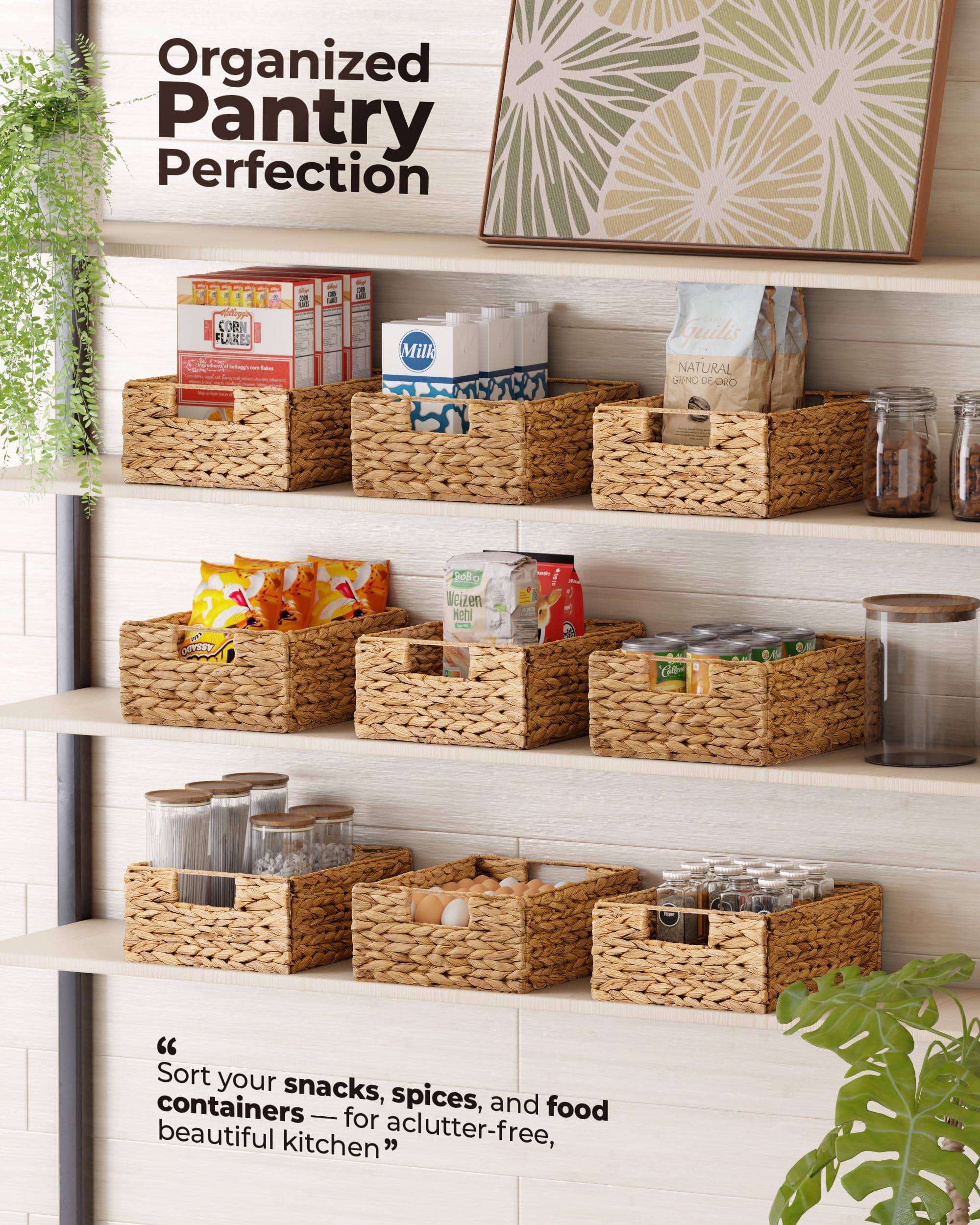 Set of 6 Natural Water Hyacinth Storage Baskets 12x8x6 Inches