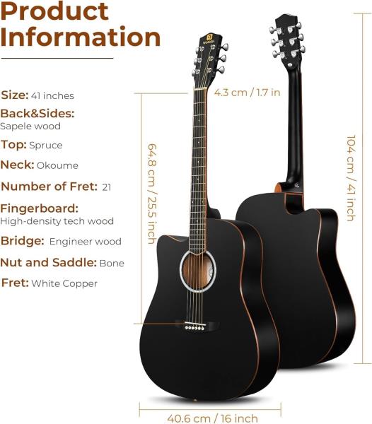 Vangoa Left Handed Guitar, Full Size Cutaway Left Handed Acoustic Guitar Kit for Adult Beginner 41 Inch Lefty Acustica Guitarra Set, Black Retail $149.00