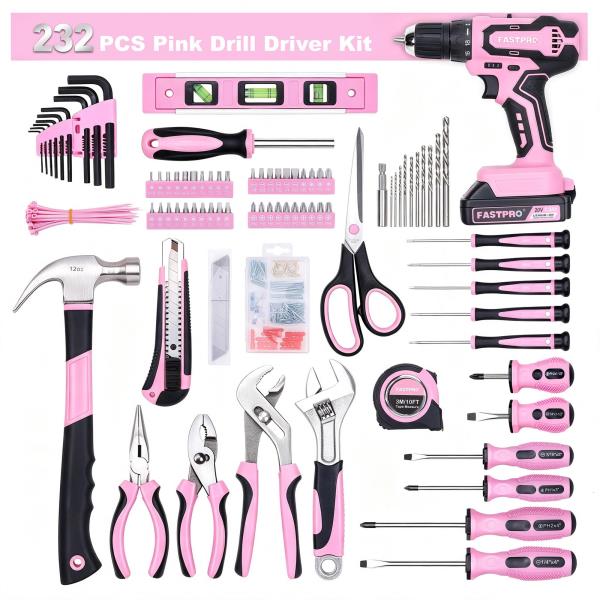 FASTPRO 232-Piece Pink Drill Set for Women, Pink Tool Set with Bag
