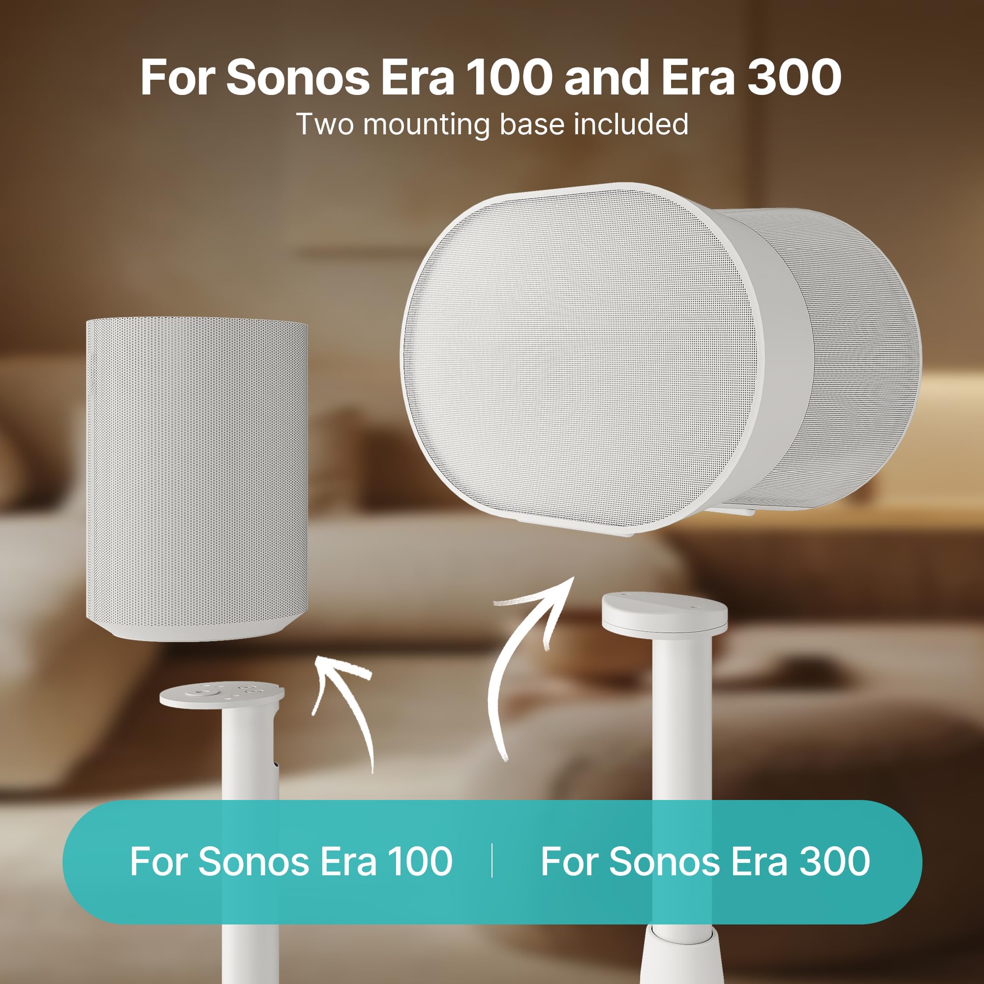 White Height-Adjustable Speaker Stands Pair for Sonos Era 100  300 Cable Management