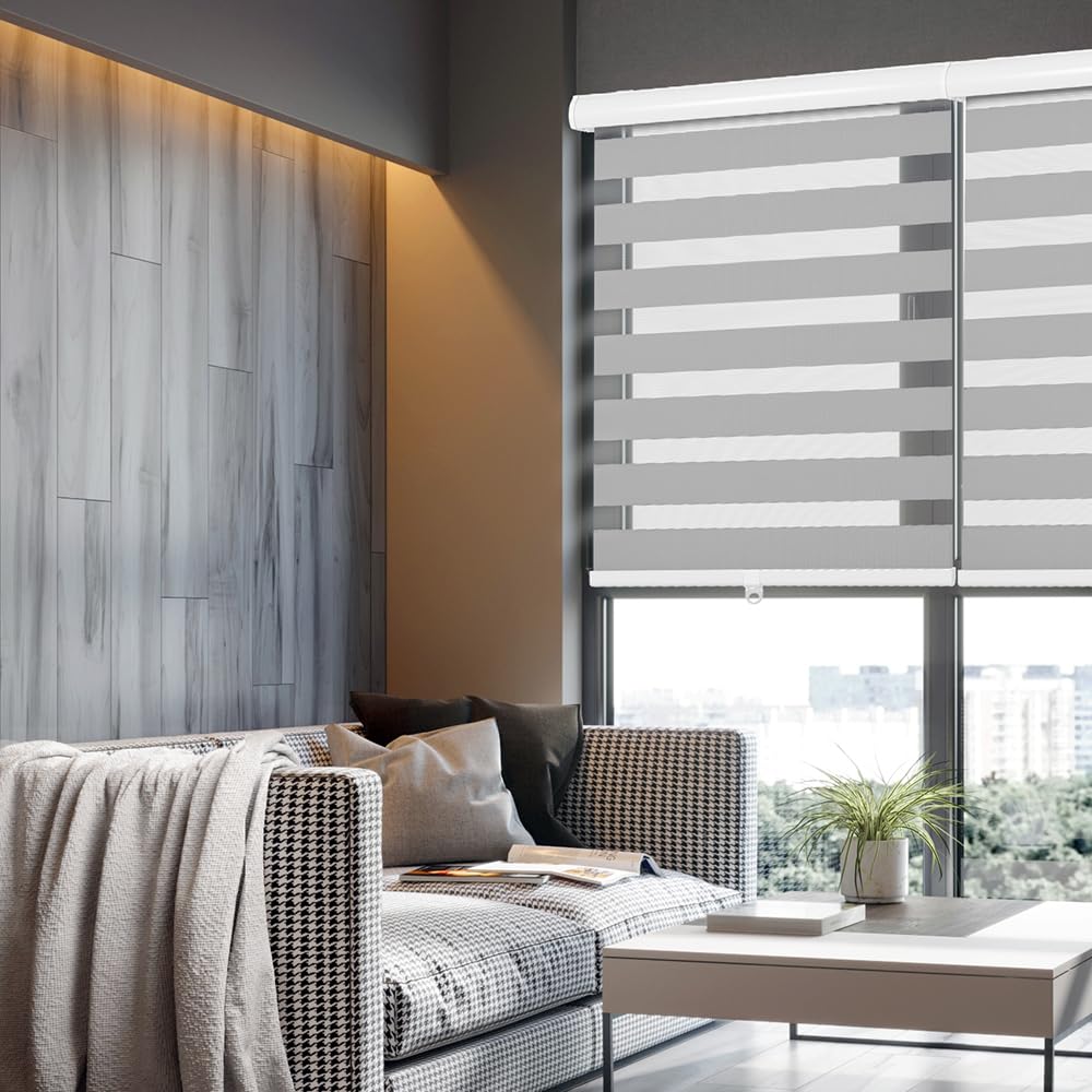 OUDUCK Cordless Zebra Blinds for Windows, 32" W x 72" H Zebra Roller Shades with Valance Free Stop Zebra Roller Shades, Light Control Window Treatments Dual Layer Sheer Blinds for Day and Night, Grey Retail $30.00
