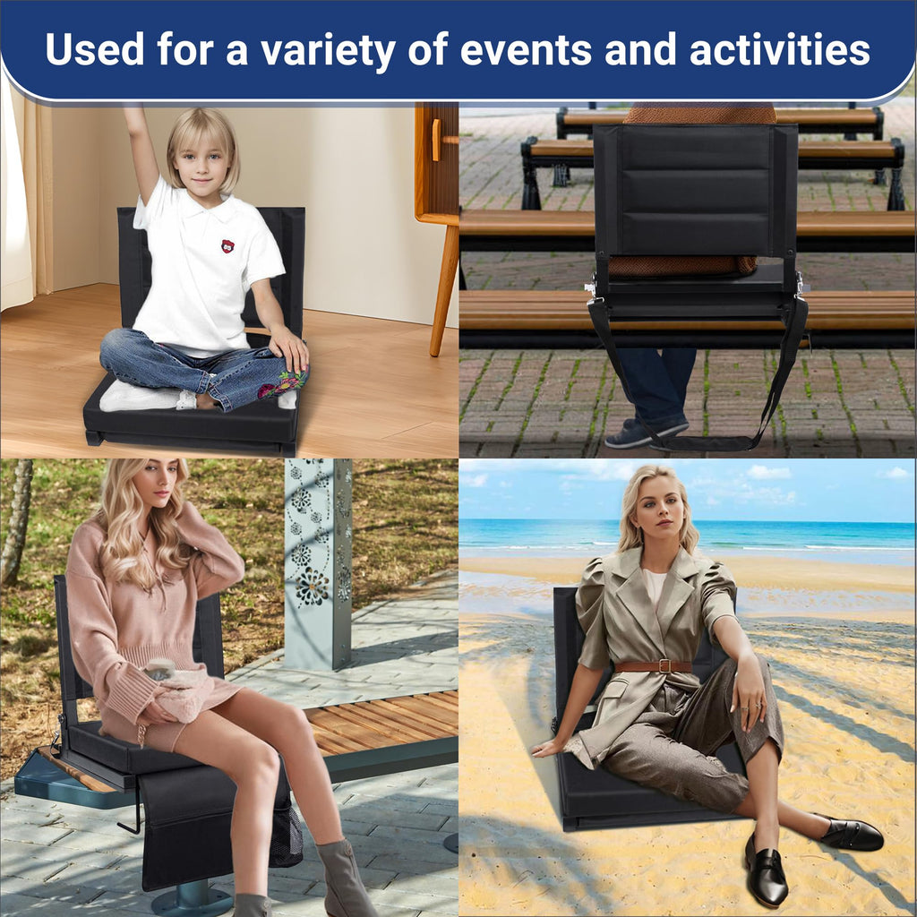 Black Portable Stadium Seat Cushion with Back Support