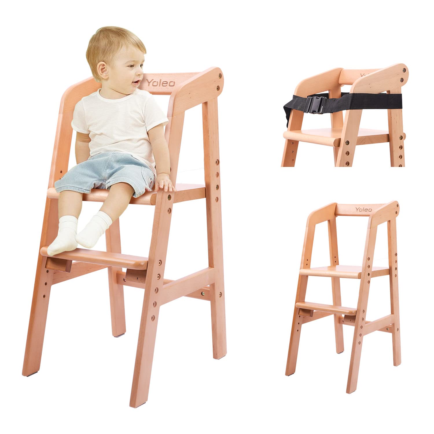 YOLEO High Chair Wooden for Toddlers Junior Childs, Sturdy Durable Dining Feeding Chair with Steps Grows with Child, Max 60kg (Natural Color) Retail $79.00
