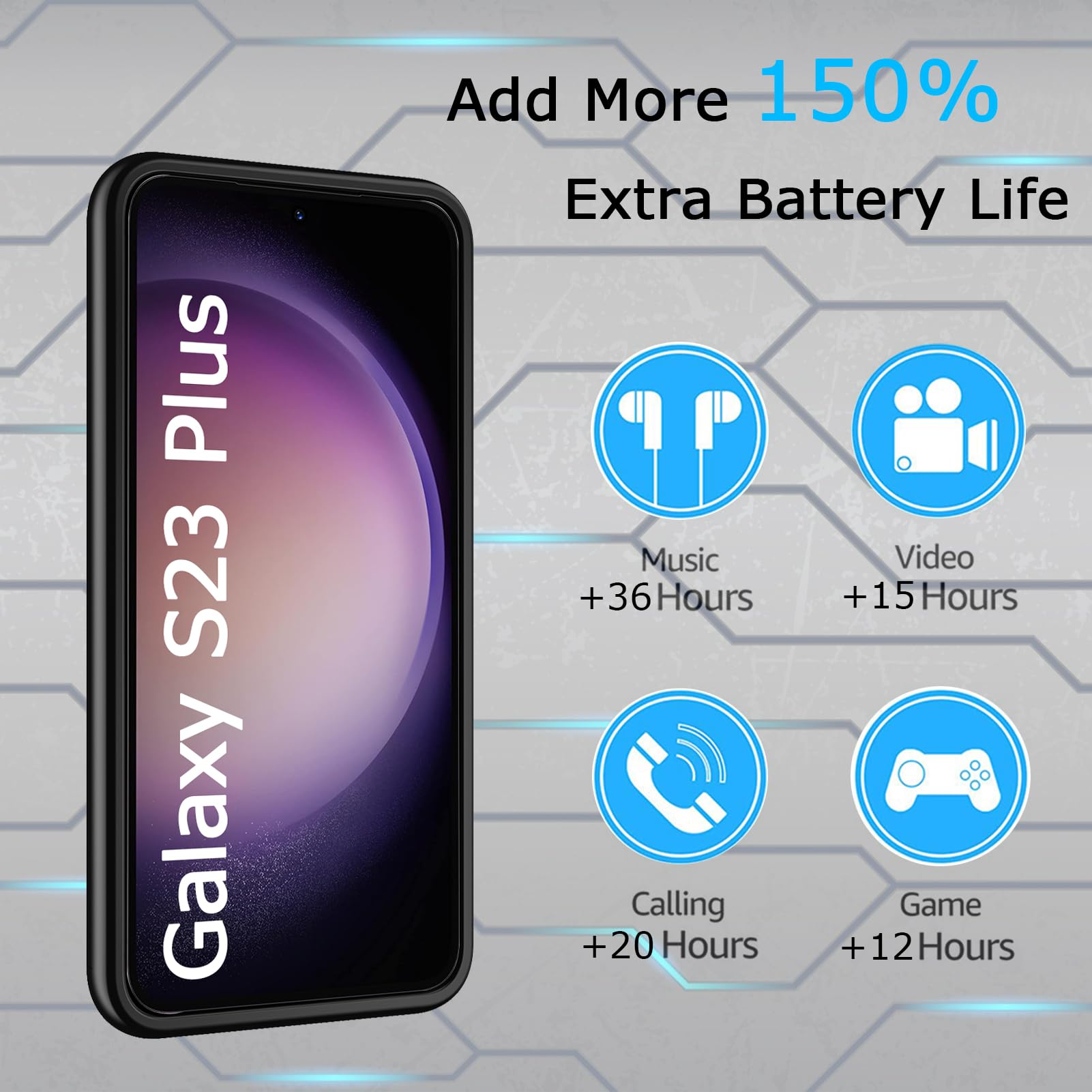 Black 12000mAh Slim Portable Fast Charging Battery Case for Samsung Galaxy S23 Plus