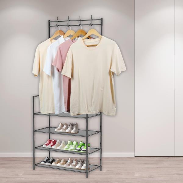 -Tier Space-Saving Hall Tree with Shoe and Hat Rack Waterproof Metal Black