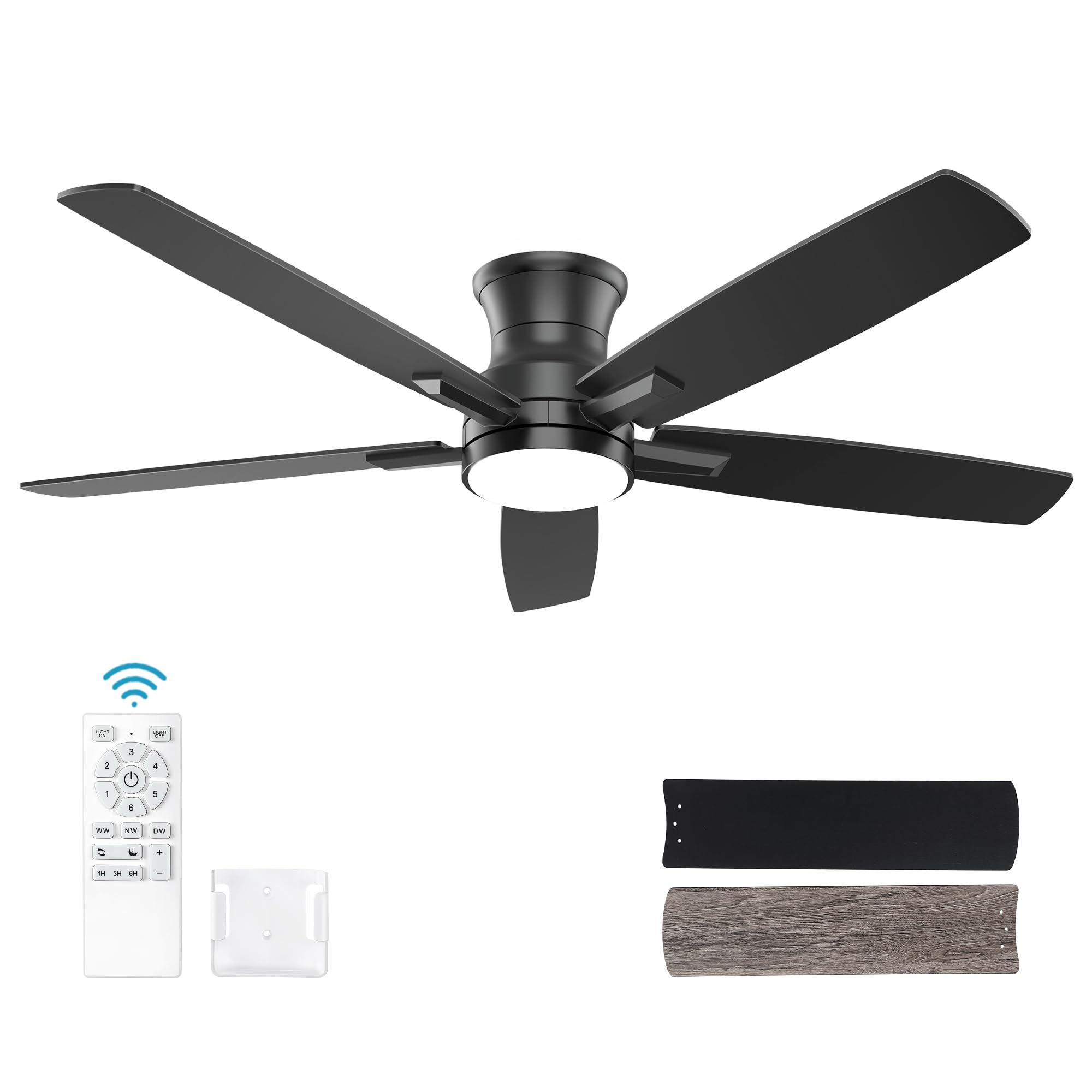Black Low Profile DC Flush Mount Ceiling Fan with Dimmable 3CCT LED Light and 6-Speed Remote Control