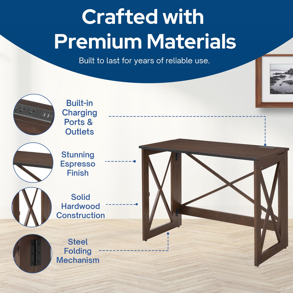 New Stakmore Folding Desk w USB  110V Outlets - Espresso Home Office Desk