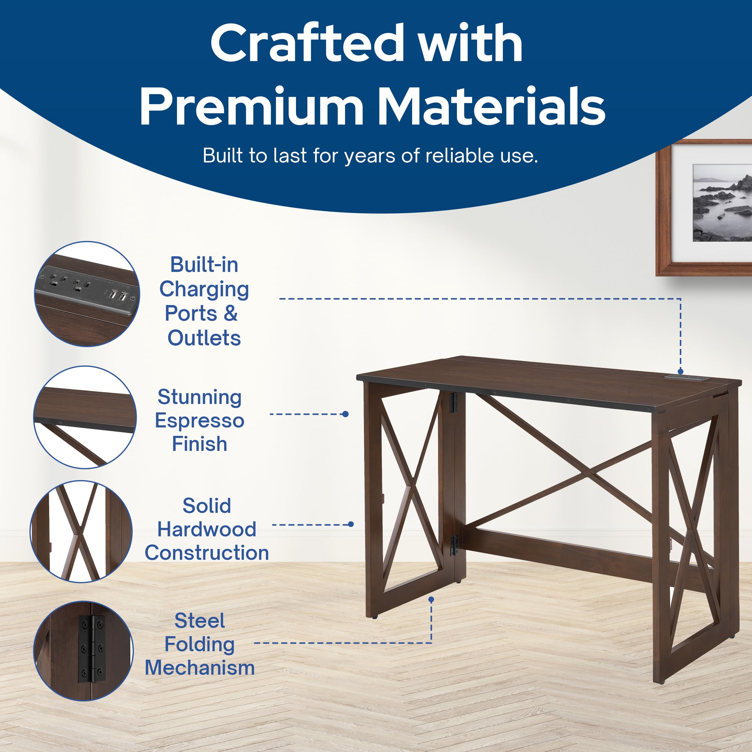 New Stakmore Folding Desk w USB  110V Outlets - Espresso Home Office Desk