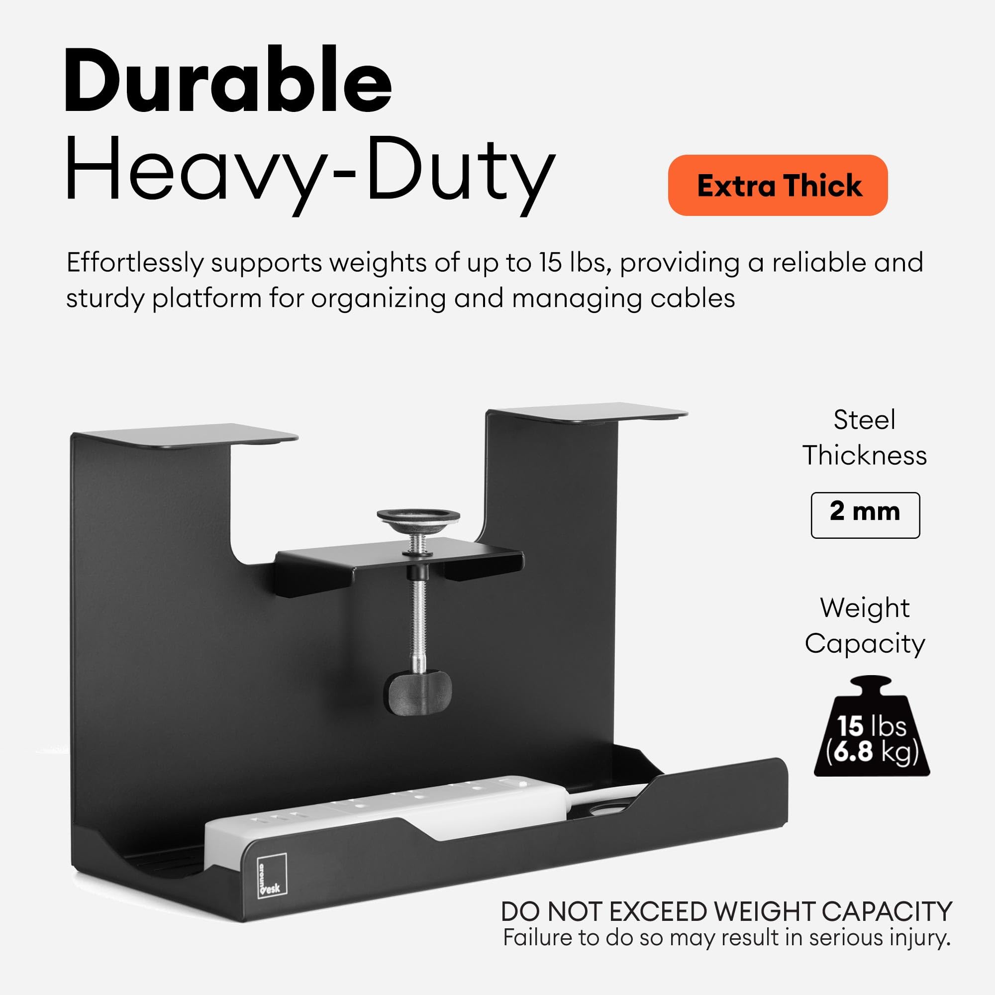 Heavy-Duty Clamp-On Steel Under Desk Cable Management Tray Black 17x9 No Drill