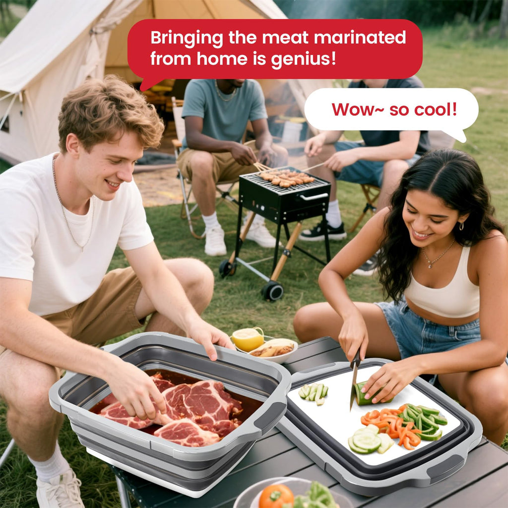 -IN-1 Large 16L Collapsible Cutting Board Prep Tub with Locking Lid Black