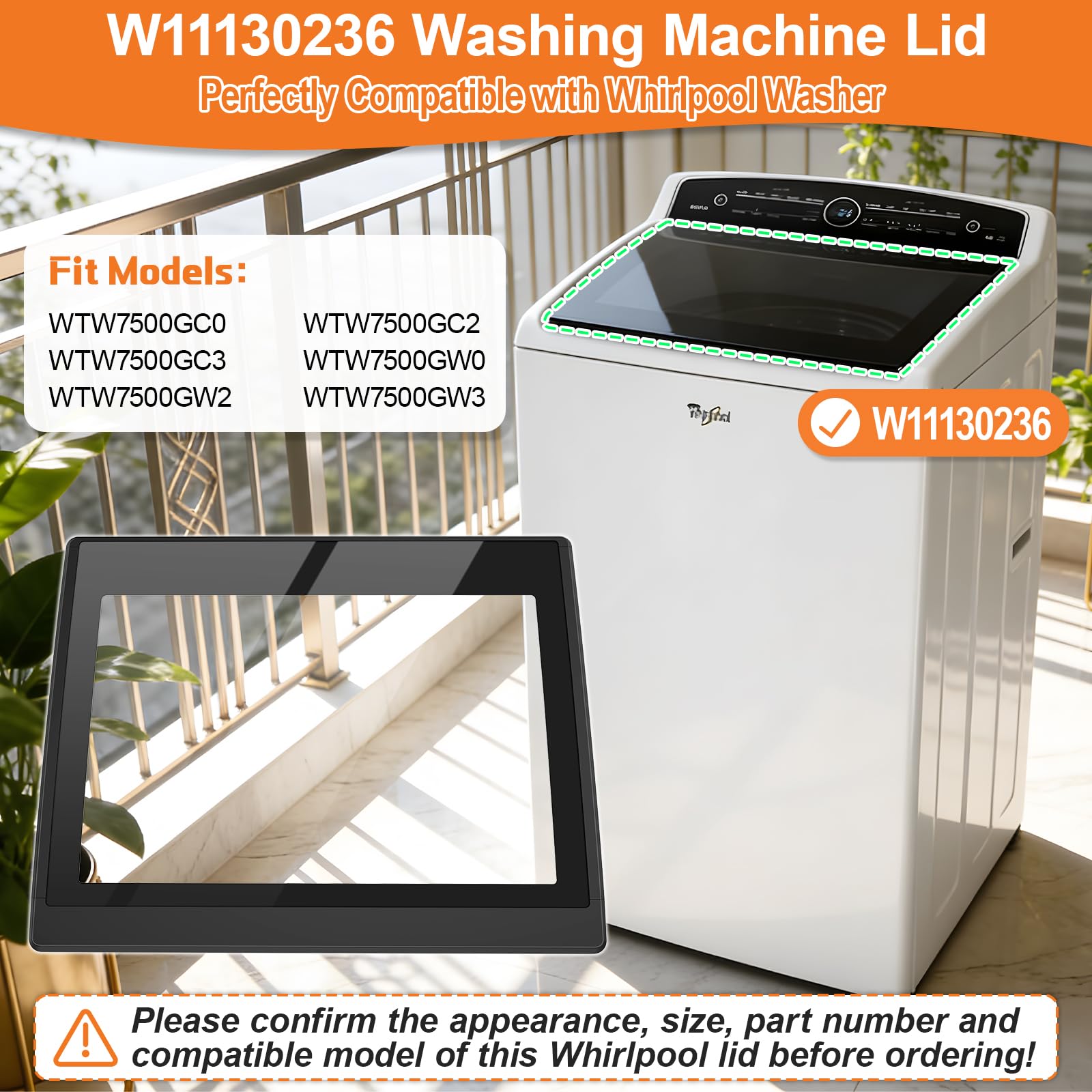 W11130236 Washer Glass Lid Replacement for Whirlpool Top Load Washing Machine with Hinges Retail $245.00