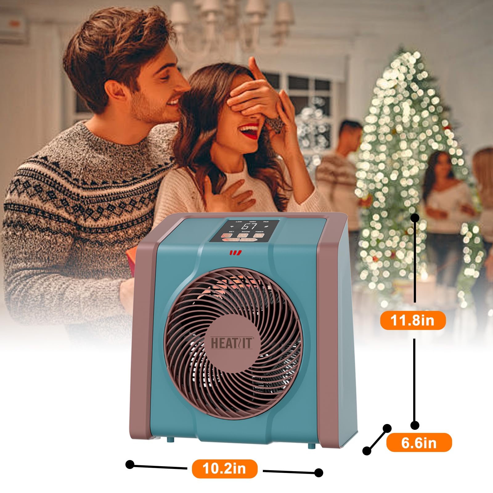 Quiet Electric Space Heater with Digital Thermostat 750W1500W 3D Air Circulation Cyan
