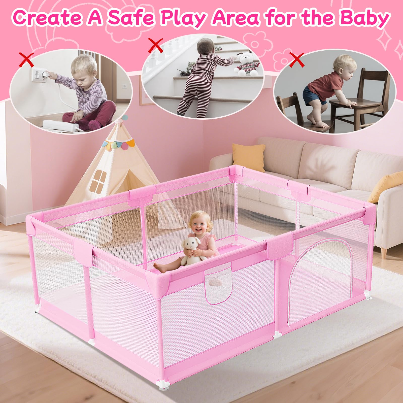 Abdtech Large Baby Playpen 74"x50" - Play Pens for Babies and Toddlers with 2 Handle - Safety Baby Fence Play Area with Breathable Mesh for Indoor & Outdoor, Pink Retail $103.00
