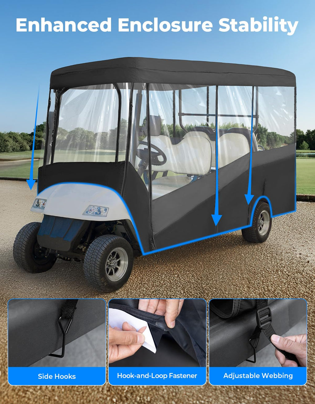 KEMIMOTO Golf Cart Enclosure, 6 Passenger Golf Cart Rain Cover, 600D Waterproof Driving Enclosure with Clear PVC Windshield for Extended Roof Golf Retail $199.00