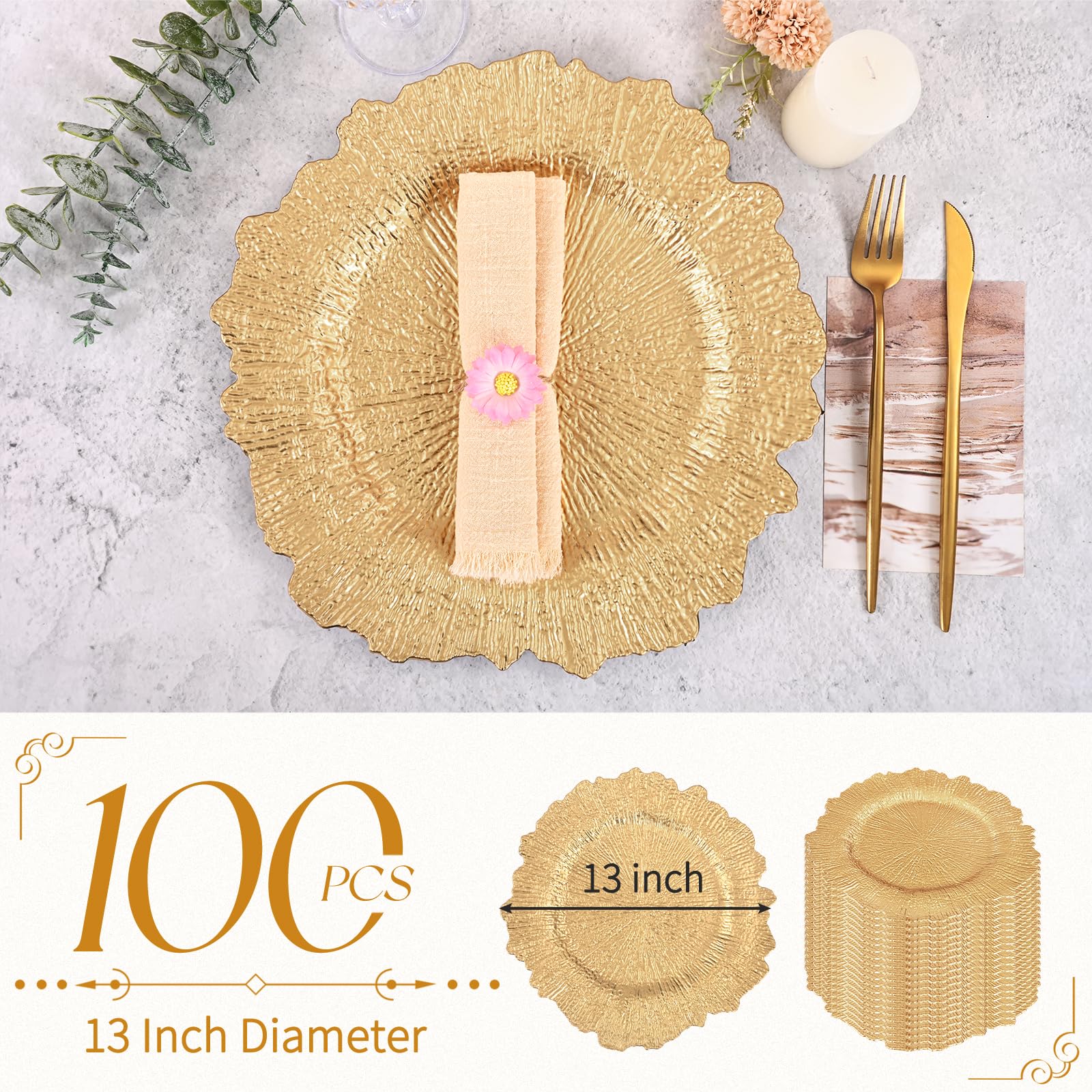 Pcs Gold Charger Plates 13 Inch Round Plastic Reusable with Reef Ruffled Rim