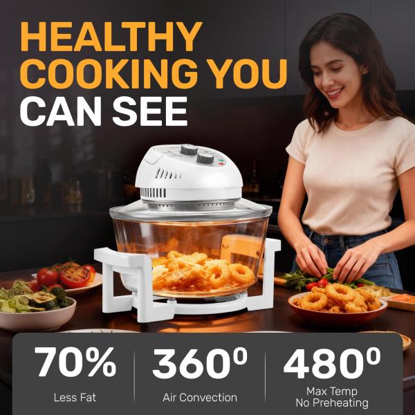 Qt Large Glass Air Fryer with 3 Cooking Sections and Stainless Steel Racks