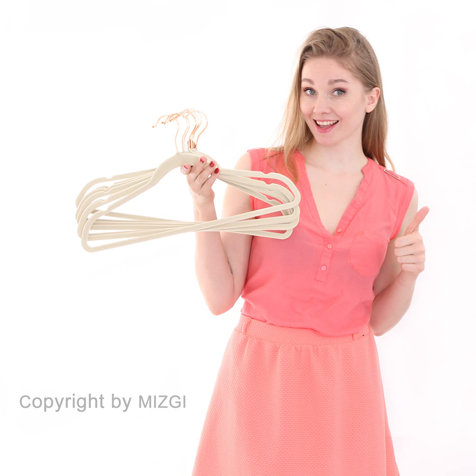 MIZGI Premium Velvet Hangers (50 Pack) Heavy Duty - Non Slip Felt Hangers - Velvet Suit Hanger Ivory - Rose Gold Hooks,Space Saving Clothes Hanger