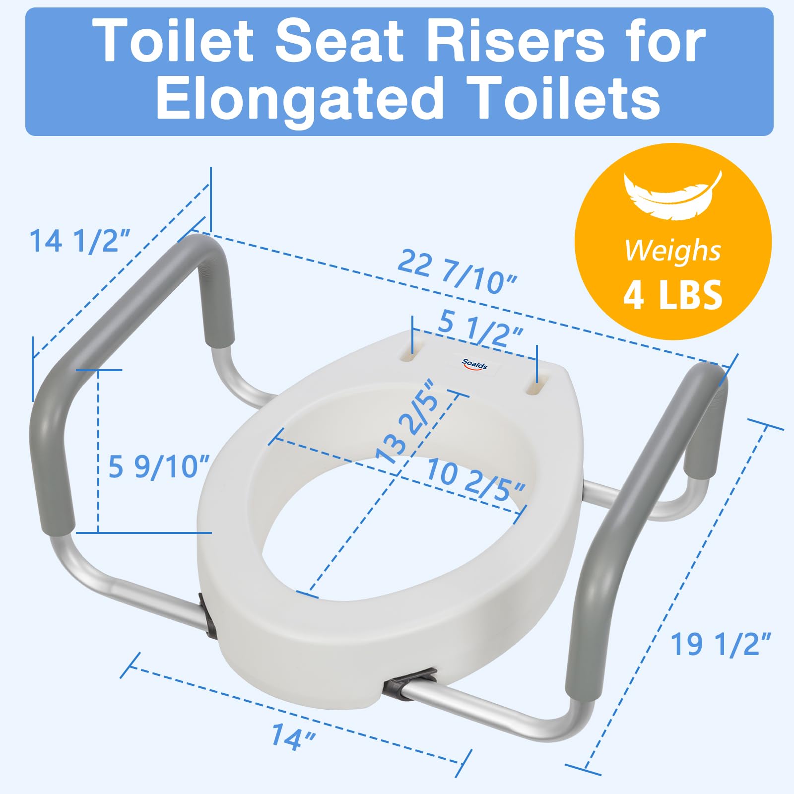 White 3.5 Inch Elongated Raised Toilet Seat with Removable Padded Handles 300 lbs Capacity