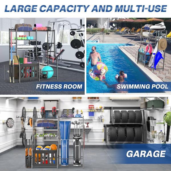 Heavy Duty Garage Sports Equipment Organizer with Golf Bag Storage Rack and Ball Holder