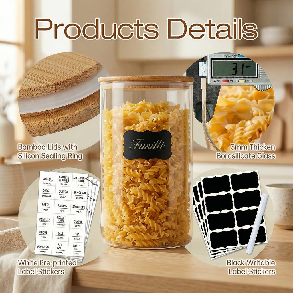 HD Clear Glass Food Jars with Bamboo Lids - Set of 4 Large Capacity