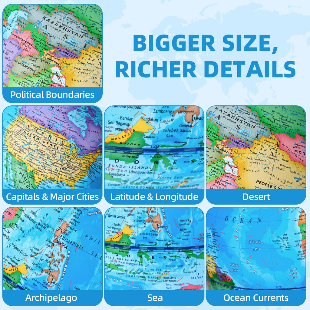 BSHAPPLUS 13 inch Large Globe for Classroom & Home Learning, Political Globe with 195+ Countries, Dry Erase & Waterproof Surface, Solid Stainless Steel Base (No Assembly Required) Retail $50.00