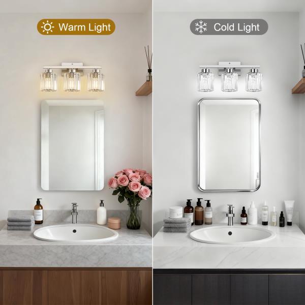 -Light Brushed Nickel Bathroom Vanity Light Fixture with Crystal Round Shades