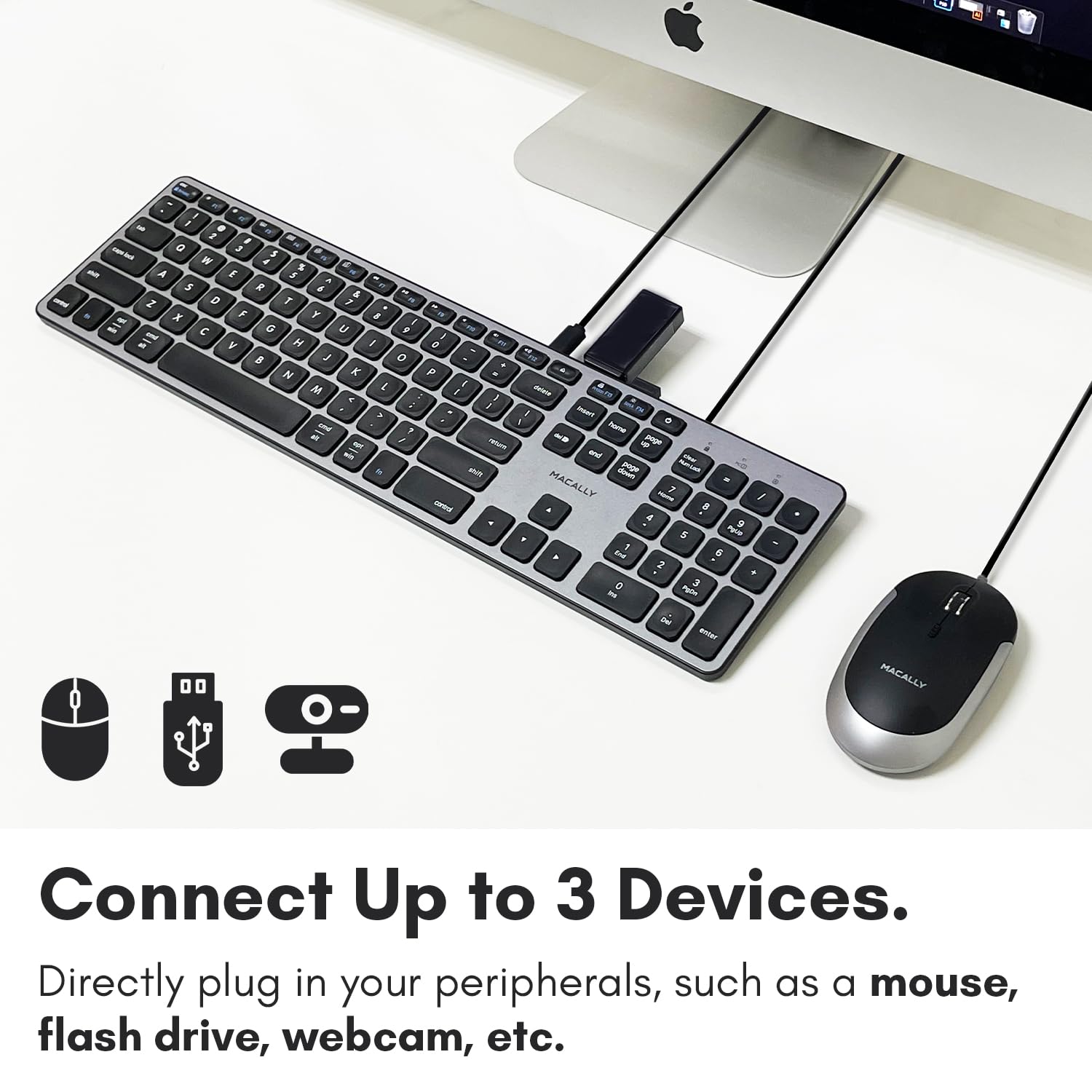 Open-Box New Macally Wired USB C Keyboard with 3 USB Ports for MacPC - Computer Keyboard Retail $69.00
