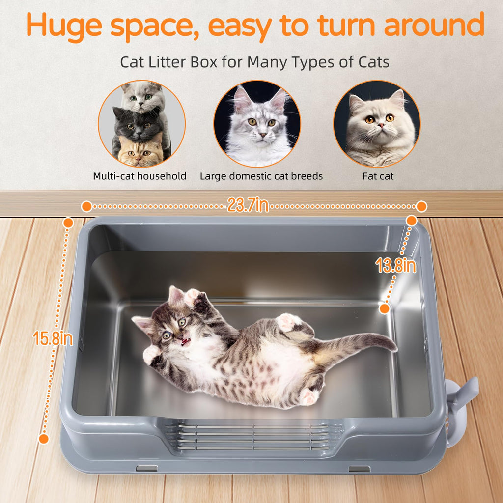 XL Gray High-Sided Stainless Steel Cat Litter Box