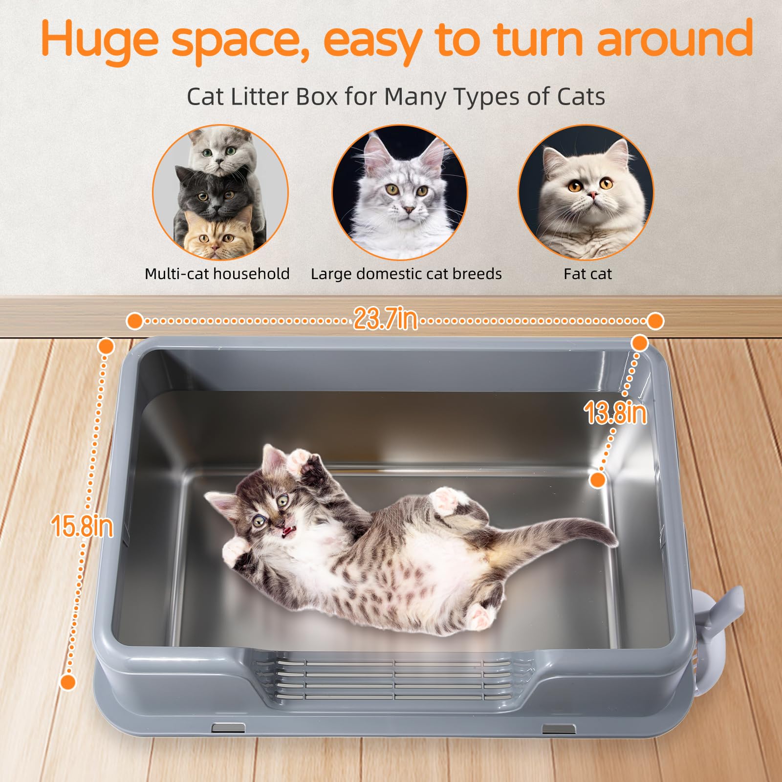 XL Gray High-Sided Stainless Steel Cat Litter Box