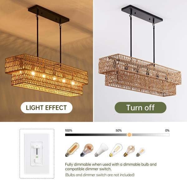 InterMaka 6-Light Boho Rattan Chandeliers for Dining Room, 2 Layer Large Linear Chandelier Rattan Pendant Light Fixture Farmhouse 34” Rectangle Chandelier for Kitchen Island Bar Living Room Retail $189.00