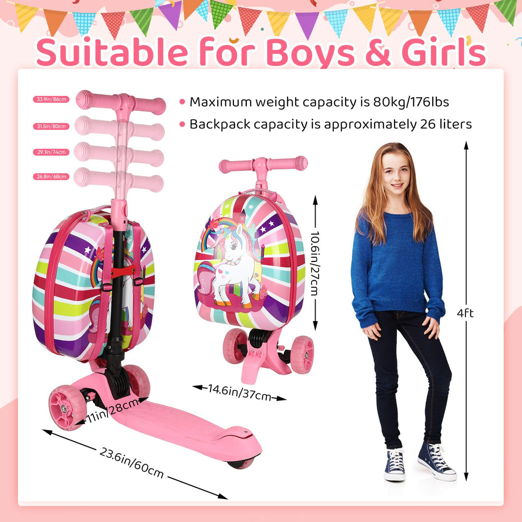 -in-1 Ride-On Scooter Suitcase Hardside for Kids LED Wheels Retractable Handle Pink