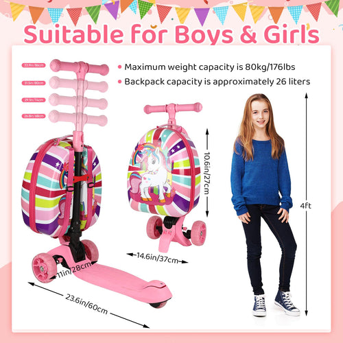 -in-1 Ride-On Scooter Suitcase Hardside for Kids LED Wheels Retractable Handle Pink