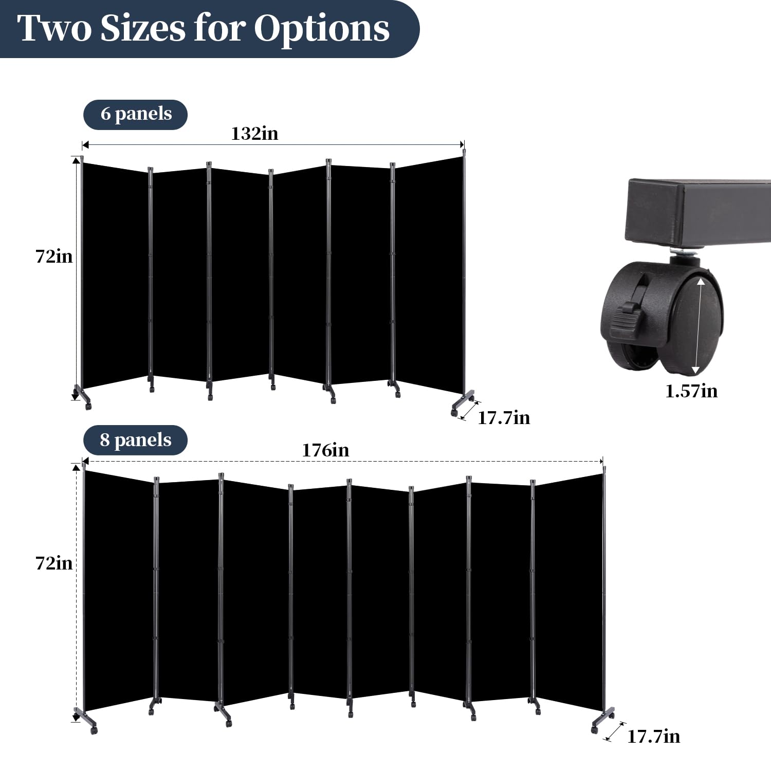 Black Folding Fabric Room Divider Privacy Screen with Lockable Wheels 176L x 72H