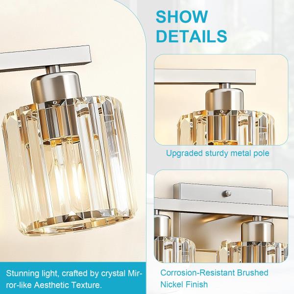-Light Brushed Nickel Bathroom Vanity Light Fixture with Crystal Round Shades