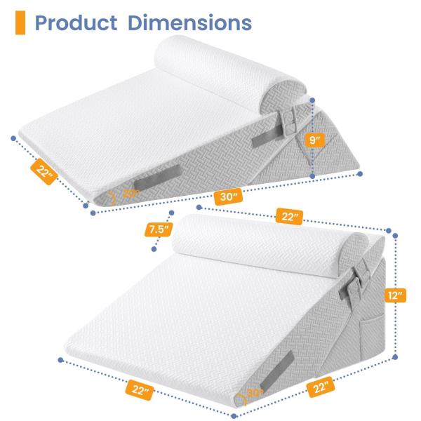 Adjustable Wedge Pillow Set 9-in and 12-in Memory Foam Support Light Grey  White