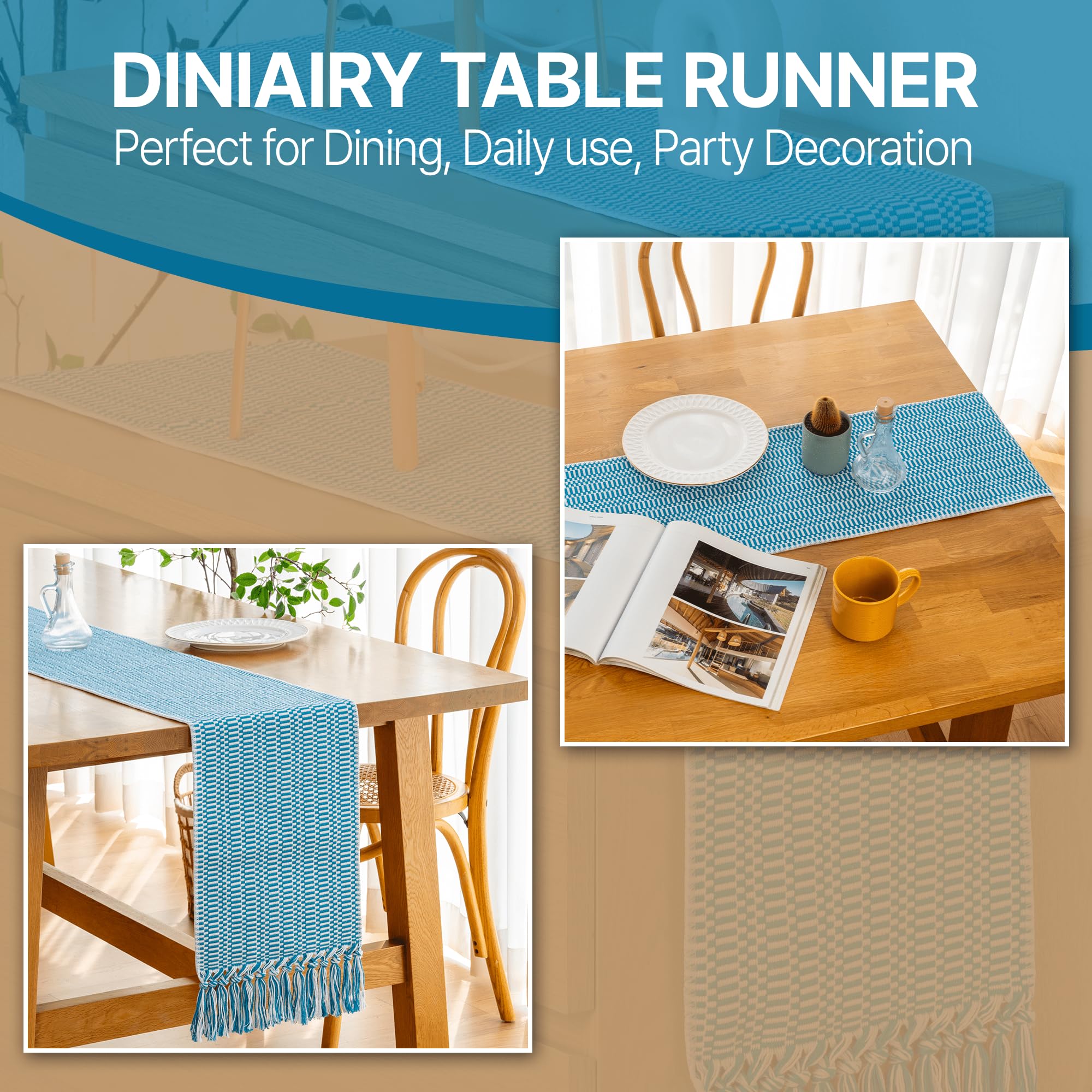 White Teal Blue Farmhouse Woven Table Runner 104 Inch Retail $29.00