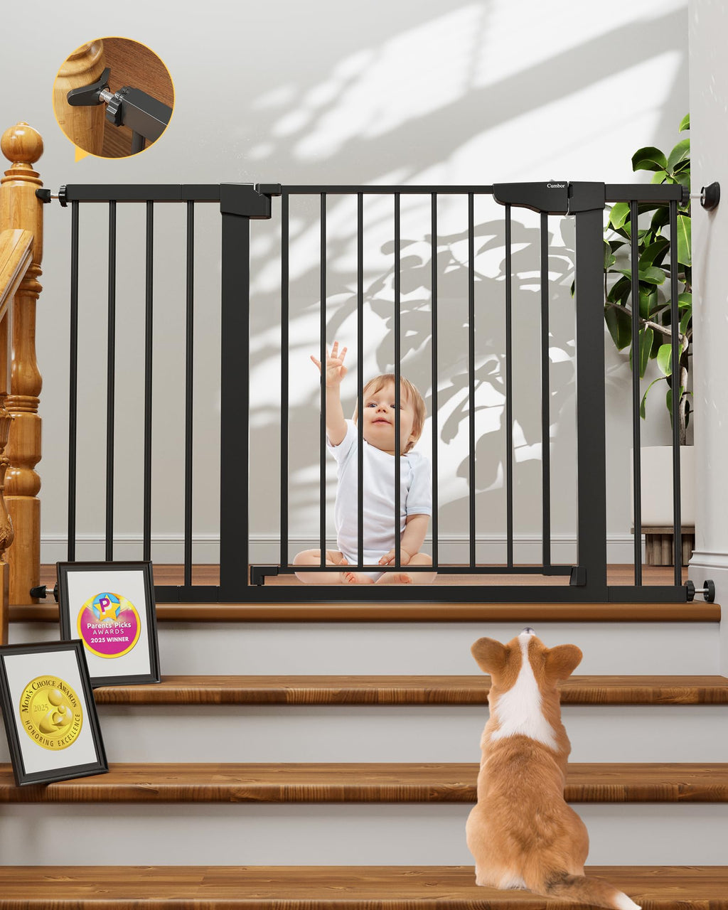 Adjustable Metal Baby Gate 29.7-48in Wide Auto-Close Dual-Lock Black