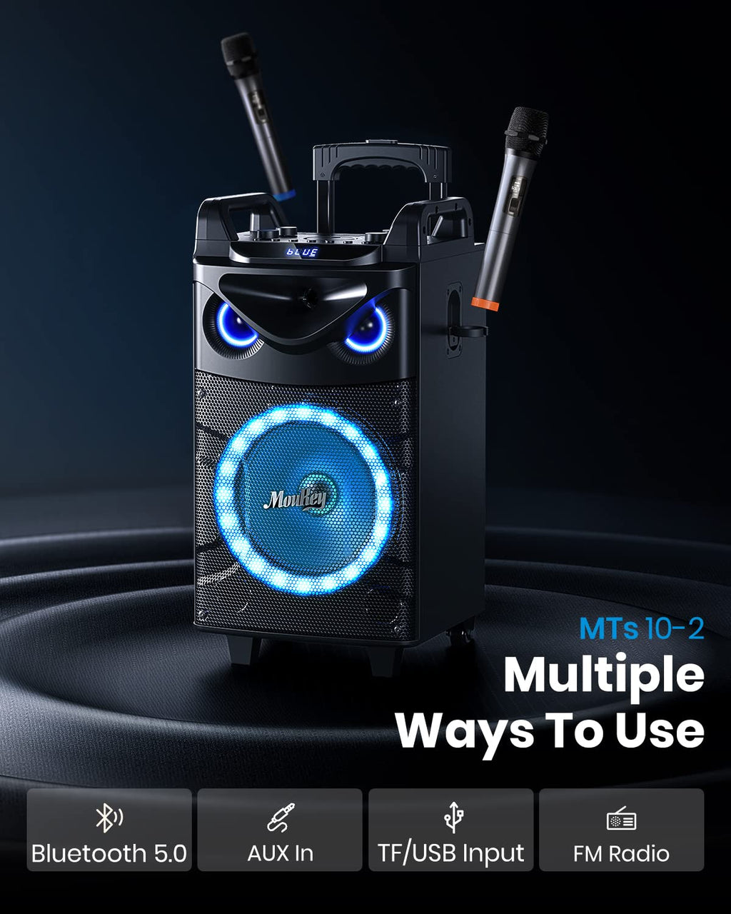 New Open-Package Moukey MTs10-2 10 Woofer Portable Karaoke System with 2 Wireless Mics
