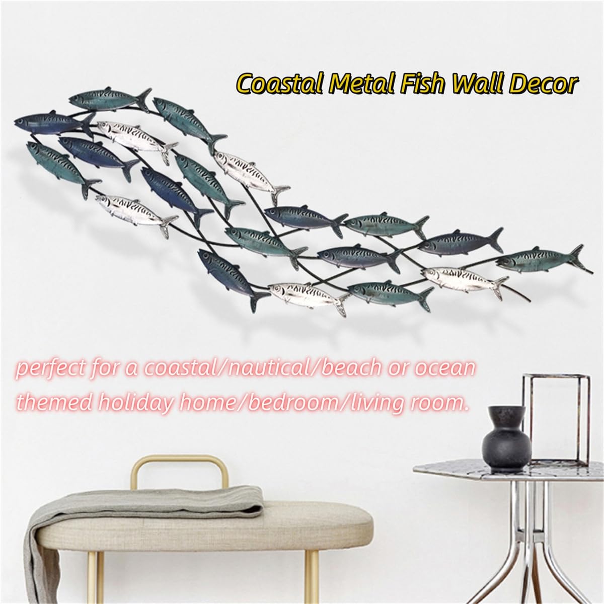 Large Metal School of Fish Wall Art Decor 59.0 x 16.5 Inches BlueWhiteGreen $79.50