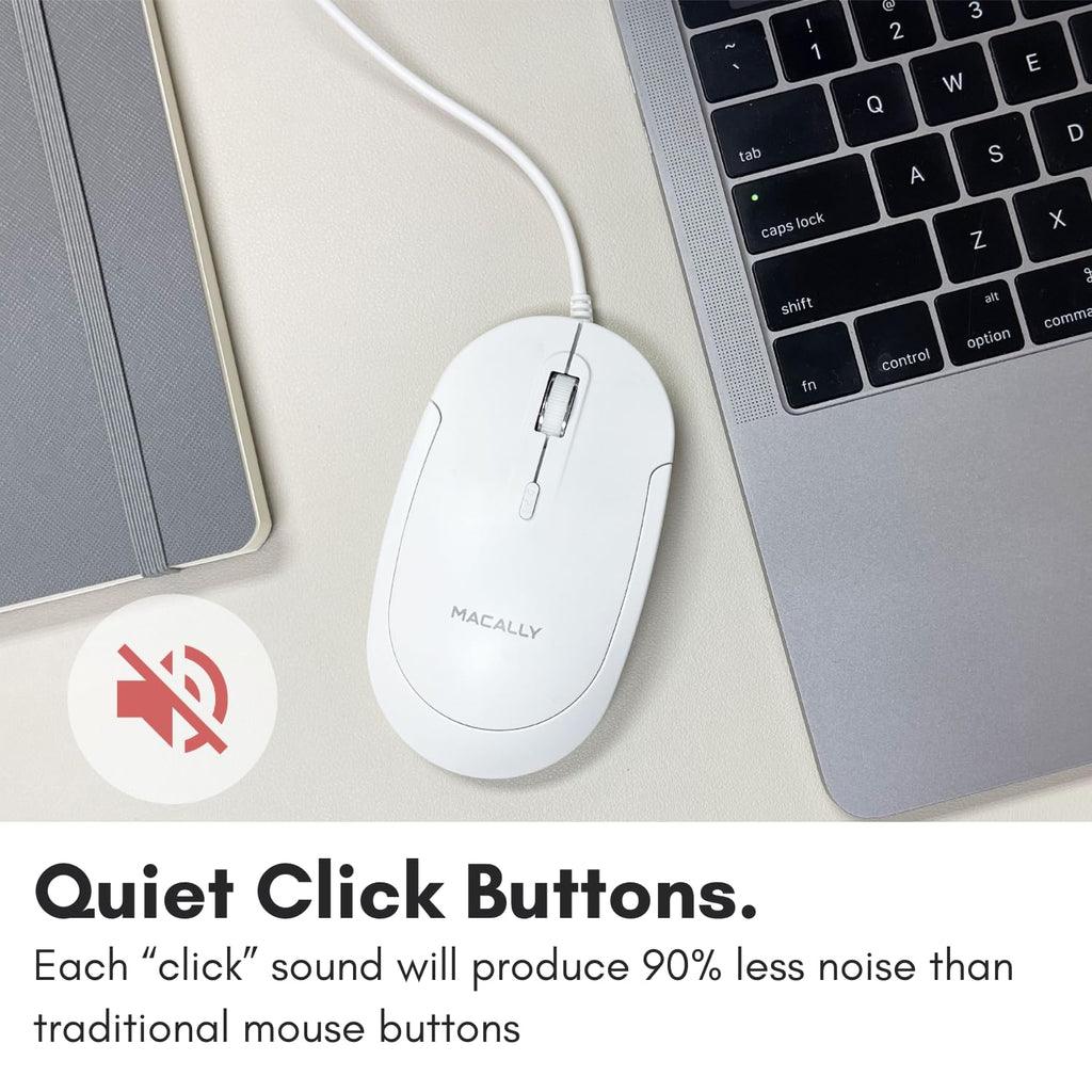 Open-Box New Macally Wired USB-C Slim Quiet All White Computer Mouse for MacPC Retail $19.00