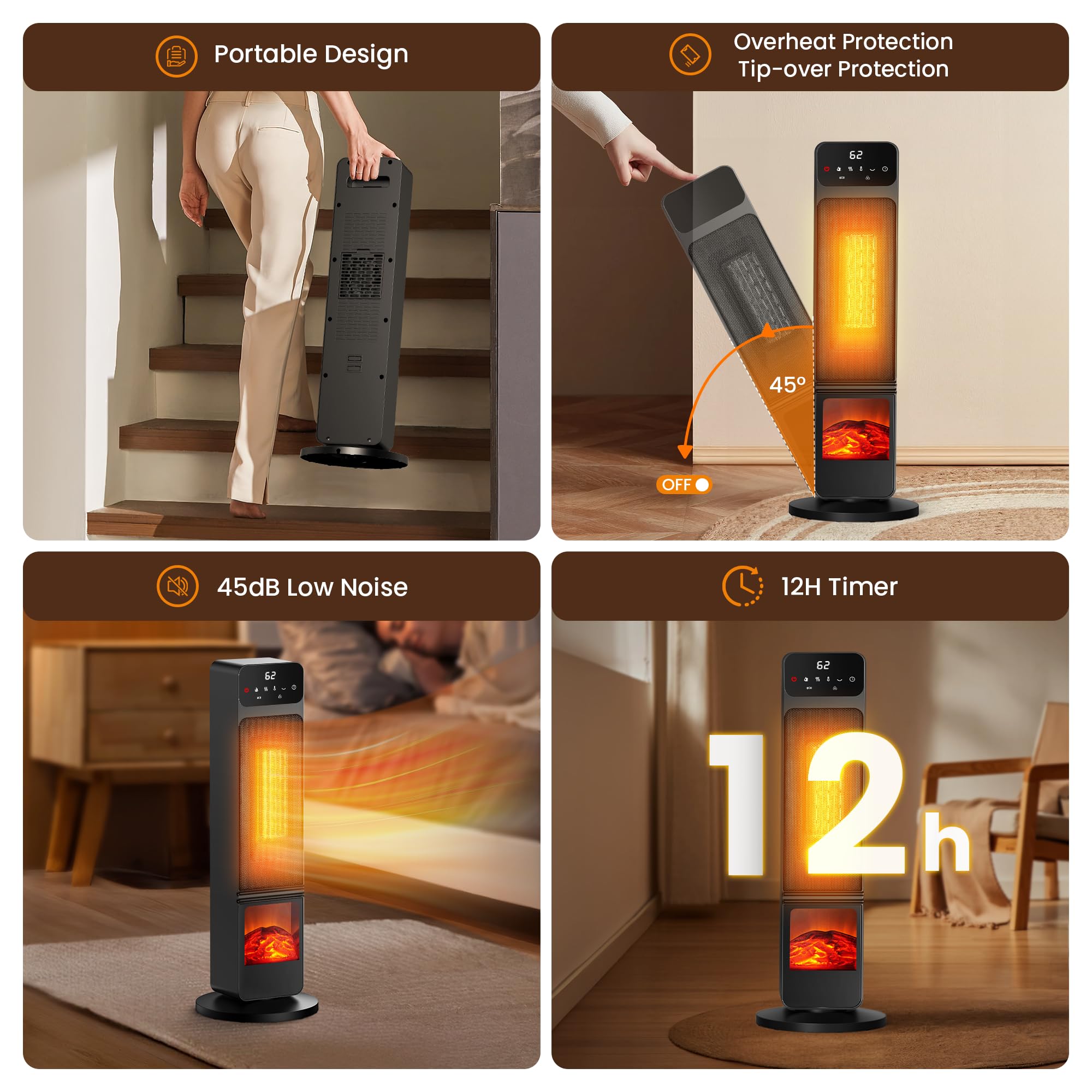 Tower Heater and Fan Combo, 1500W PTC Electric Fireplace Heater W/ 3D Flame, 90° Oscillation Space Heater Fan Combo for Indoor Use, Child Lock & Eco Mode, 12h Timer, Remote Control, Home & Office Retail $89.00