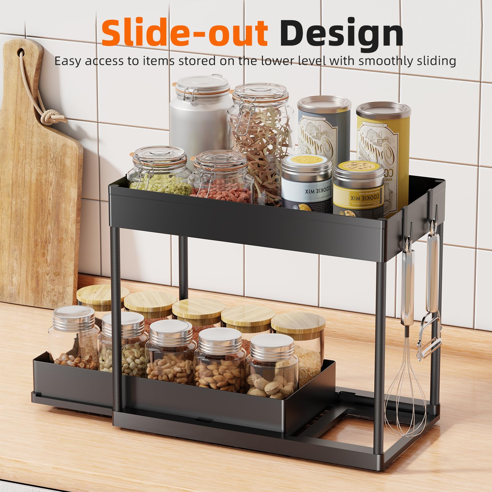 Pack 2-Tier Pull-Out Under Sink Organizer for Kitchen Bathroom Black