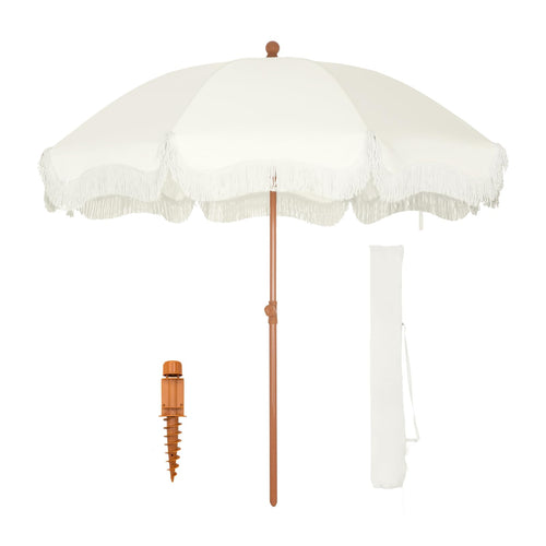 ft Portable Outdoor Patio Beach Umbrella with Fringe Sand Anchor Tilt UPF 50 White