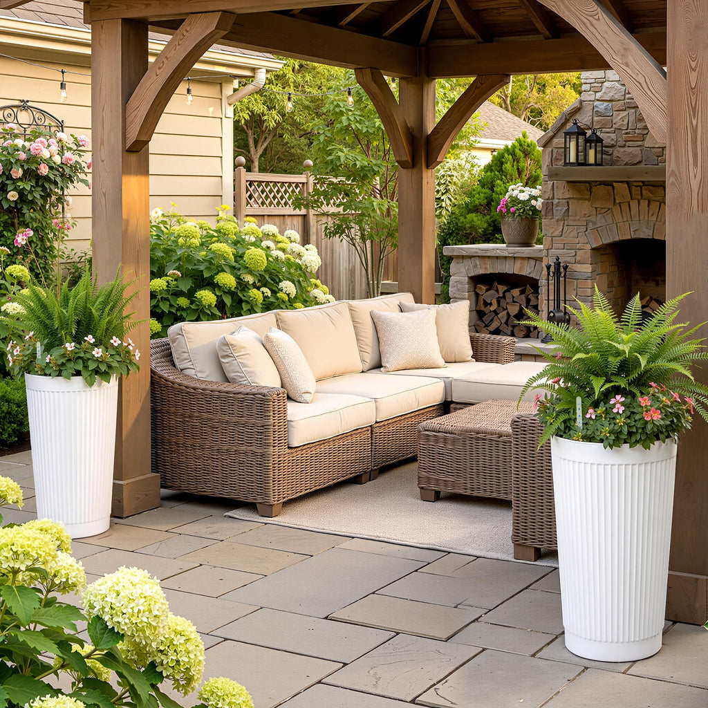 '-Pack 24in Round Plastic Self-Watering Planters with Vertical Ribbed Design White