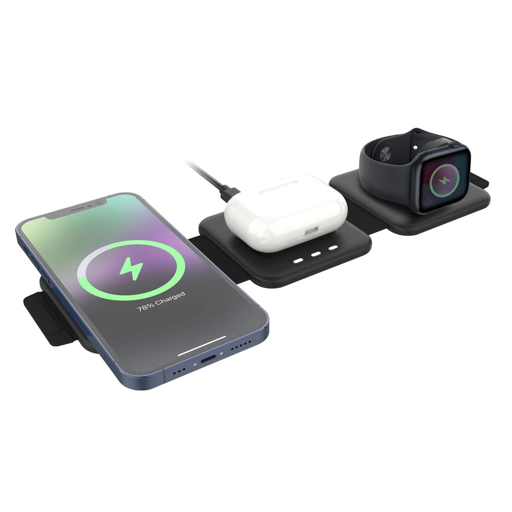 Black 3-in-1 Folding Wireless Charging Pad for Phone Earbuds Watch